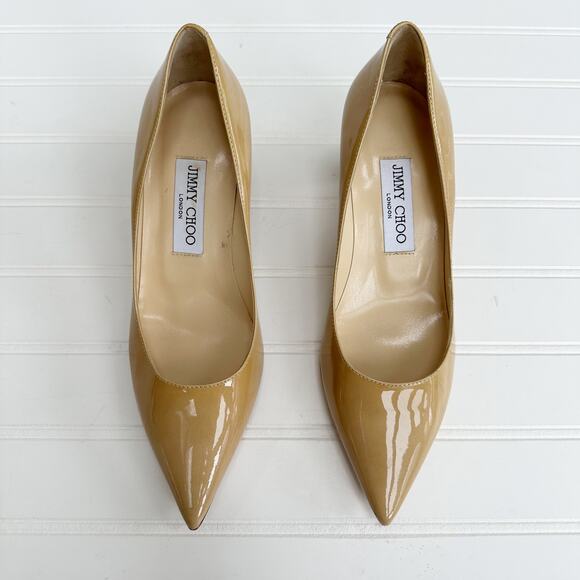 Jimmy Choo Anouk Kitten Heel Pumps Patent Leather Nude Tan Pointed Toe - Picture 1 of 12